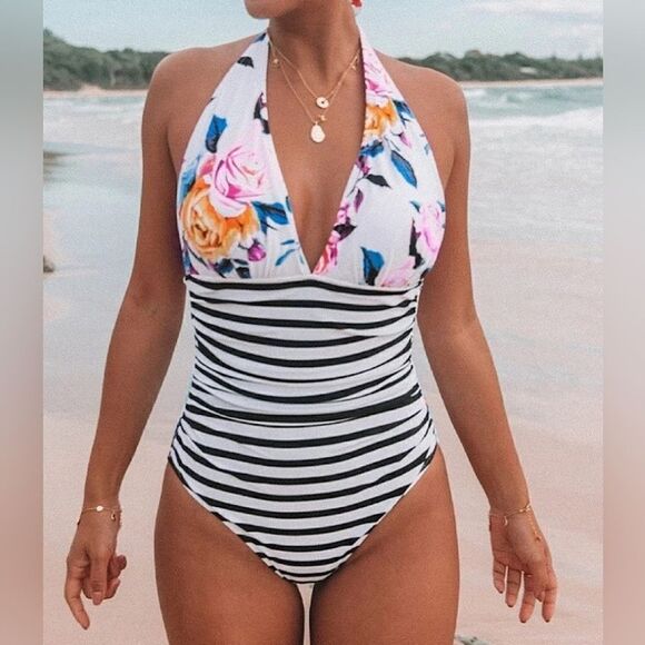 Cupshe halter style one piece features stripped bottom floral top size medium - Picture 2 of 4